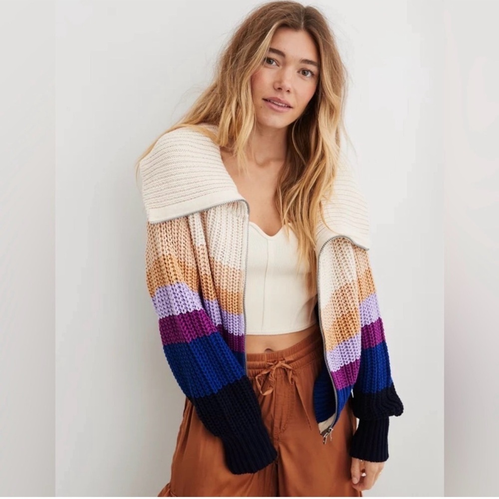 Aerie Double Zip Up Striped Cropped Cardigan Sweater Size XXS